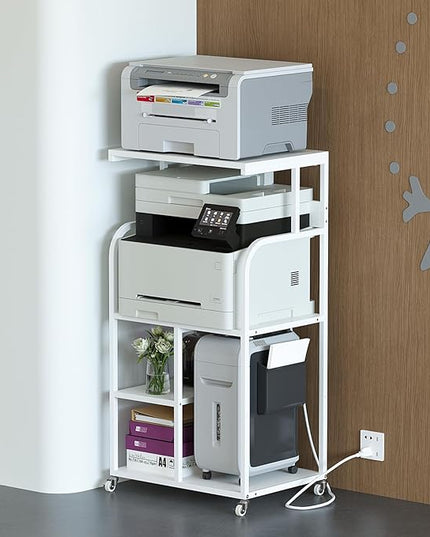 VEDECASA Mobile High Printer Stand with Power Outlet Charging Plugs USB Port Office Storage Shelf Includes Computer Tower CPU Stand Holder with Wheel (White)