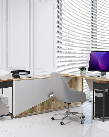Computer Tower Stand PC Tower Stand with Storage Drawer 2 Tier Wood Rolling CPU Holder Stand Mobile Printer Cart on Wheels for Home Office, Industiral Brown and Black
