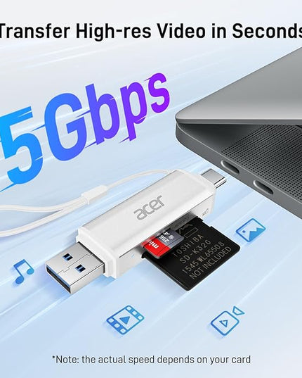 acer SD Card Reader USB C, Dual Slots USB 3.0 Type C to Micro SD Card Adapter, Memory Card Reader for MicroSD, SDHC, SDXC, Compatible with Laptop, PC, iPhone16/15, MacBook, iPad Pro, Android-Silver
