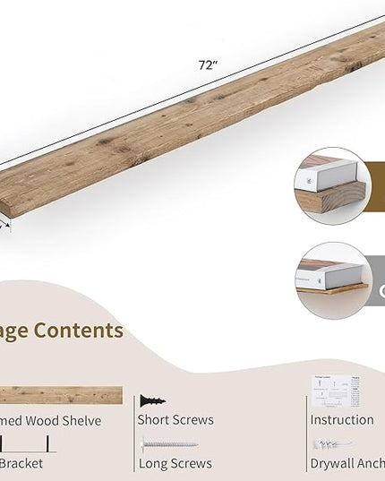 72 inch Floating Shelves for Wall, 8" Deep Rustic Reclaimed Barnwood Shelves, Floating Shelf Wall Hanging Shelves with Invisible Heavy-Duty Metal Bracket | Wall Mounted | Farmhouse Style, 1PC,Natural