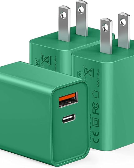 20W USB C Fast Charger, 3Pack Durable Dual Port PD 3.0 with USB A Wall Charger Block for iPhone, iPad Pro, AirPods Pro, Samsung Galaxy, Motorola, LG, Google Pixel Brick Plug Power Adapter(Green)