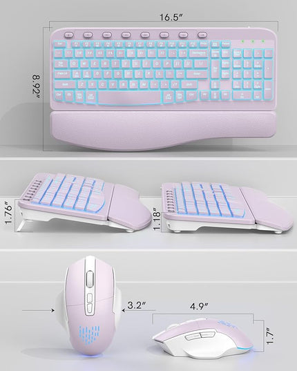 SABLUTE Ergonomic Wireless Keyboard and Mouse Combo - Wave Keyboard with Soft Leather Wrist Rest, Resistant Keys, RGB Backlit Rechargeable Set for PC/Mac/Chromebook (Lavender Purple)