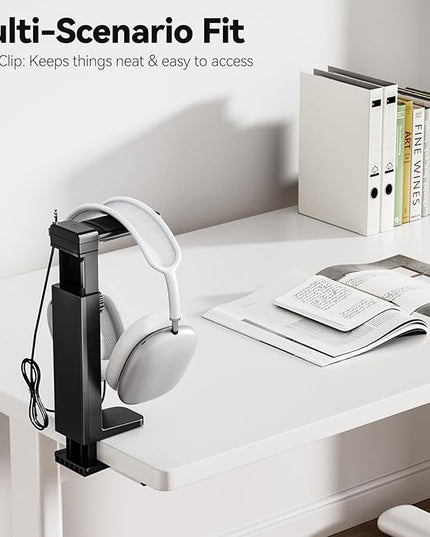 Headphone Stand Under-Desk or Headset Holder Above-Desk, Headphone Hanger & Headset Hook Under Desk Mount with Spring Clamp & Height Adjustable & Cable Clip for Gaming Gift Accessories. PC Game Headsets