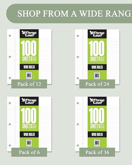 Three Leaf 100 Sheets Wide Ruled Filled Paper, 1728 Ct. (48 Cases X 36 Filler Paper), Loose-Leaf Sheets For School And Office 100 Ct. Filler Paper, Notebook Paper