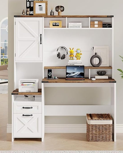 Farmhouse Executive Desk 51" Computer Desk with 2 Drawers Storage Cabinet and RGB LED Lights Power Outlets, Wood Home Office Desk with Hutch and Monitor Stand for Work Study Writing, Rustic White