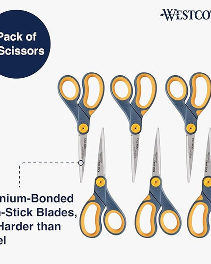 Westcott ‎17597 8-Inch Non-Stick Titanium Scissors For Office and Home, Blue/Gray, 6 Pack