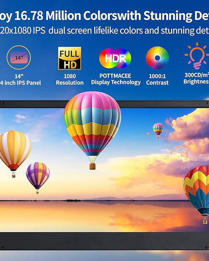 POTTMACEE 14.2" Laptop Screen Extender, 0.17" Ultra-Thin FHD 1080P IPS Portable Monitor for Laptop, Dual Screen Travel Monitor Extender, Plug-Play for Windows/Mac/Chrome, Fit 13”-17.3” Laptops