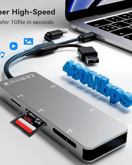 Memory Stick Pro Duo Reader for Lexar/Sony/Fuji - 5in3 Aluminum OTG Adapter for Memory Stick Pro Duo/XD/Compact Flash/SD/Micro SD Cards, Lightning USB C USB A Multi Card Reader for Camera/GoPro/Drone