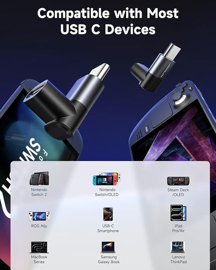 JSAUX 90 Degree USB C to USB C Adapter 2-Pack, 100W 40Gbps Data Transfer Right Angle Type-C Adapter for Steam Deck, Switch 2, ROG Ally, iPhone Air, iPhone 15/16/17 Series and More USBC Devices - Grey