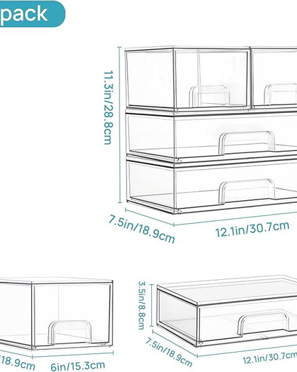 Vtopmart Stackable Storage Drawers Set of 4, Clear Plastic Organizer Bins for Bathroom Supplies,Ideal for Cabinet,Pantry,Laundry Room Organization