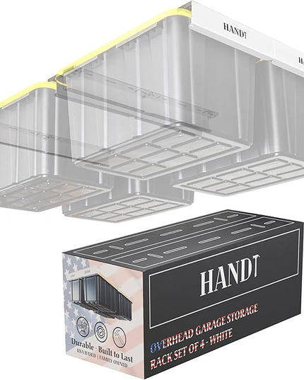 HandT USA Based Overhead Garage Storage Rack, Ceiling Tote Bin Organization Rails Shelving Racks System, Heavy Duty Hanging Metal Rack Systems for 27 Gallon Container, Supports Most Bins, 4 Sets White