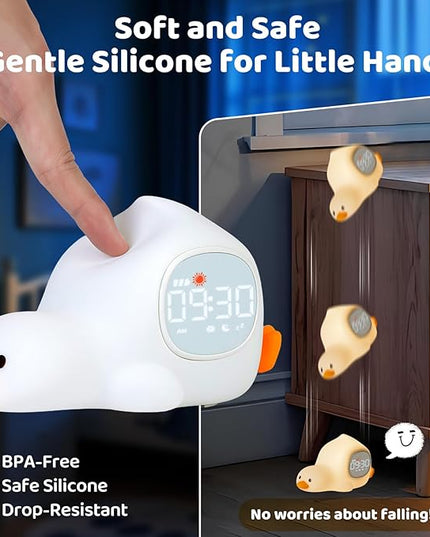 Laying Duck Alarm Clock with Night Light for Kids with Sleep Training and Sound Machine, Rechargeable Silicone Lamp OK to Wake Clock，Cute Animal Tabletop Lamp, Perfect Sleep Companion for Boys Girls