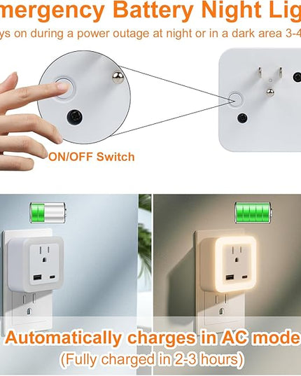 JackonLux Night Lights Plug Into Wall 2 Pack Rechargeable Battery Backup Light Dusk to Dawn Sensor Night Light with Outlet Expander for Adults Kids Bedroom, Kitchen, and Bathroom (Soft White - 3000K)