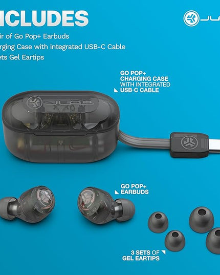 JLab Go Air Pop+ True Wireless Earbuds, in Ear Headphones, Bluetooth Earphones, 35H Playtime Ear Buds, Bluetooth Earbuds with Microphone, USB-C Charging Case, Dual Connect, EQ3 Sound, Clear