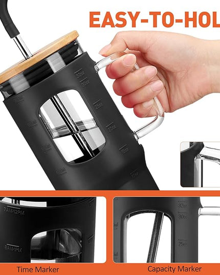 Glass Tumbler with Lid, 32 oz Glass Cup with Handle, Glass Water Bottles with Time Marker, 2 Straws - Pearl Straw & Silicone Protective Sleeve - Black