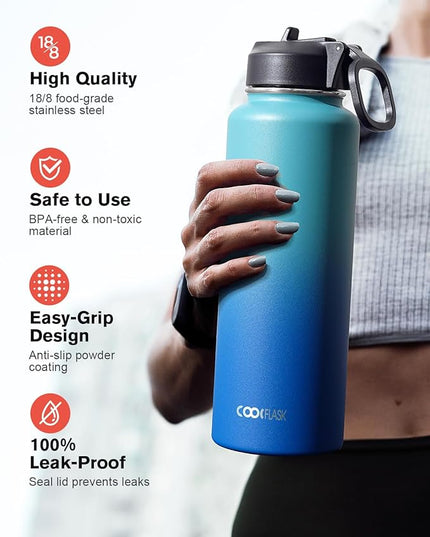 Coolflask Water Bottle 40 oz Insulated with Straw, Stainless Steel Metal 3 Lids Water Flask for Sports or Office, Keep Cold 48H Hot 24H, Indigo Blue