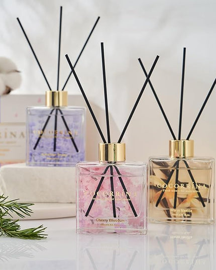 COCORRÍNA Reed Diffuser Set of 3-3 Pack/ 3.04 Fl.oz Diffuser with 24 Sticks Warm Vanilla/Cherry Blossom/Lavender Thyme Reed Diffuser for Home Bathroom Office Shelf Decor