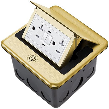 Vagueior Recessed Floor Electrical Outlet Kit,Waterproof Electrical Outlet Covcer Box,Hidden GFCI Outlet+20A Tamper-Resistant Receptacle Outlet with Slow Elastic Damping，ETL Certified，Brass