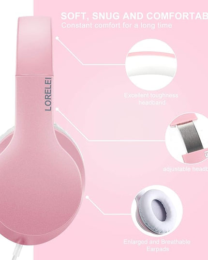 LORELEI X6 Over-Ear Headphones with Microphone, Lightweight Foldable & Portable Stereo Bass Headphones with 1.45M No-Tangle, Wired Headphones for Smartphone Tablet MP3 / 4 (Pearl Pink)
