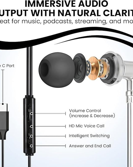 Airtube Headphones, EMF Free Earbuds, Air Tube Headphones with Zipper Bags, 3D Sound, Microphone Volume Control, for Work Meetings, Sleep, Gym, High Audio Quality Devices (USB-C)