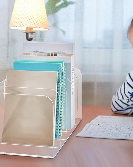 Suzile Clear Acrylic Magazine File Holder with Vertical Compartments Desk Organizer Book Rack for Desk Sorter Paper Folder Office Accessories(Clear,14.2 x 7.2 x 6.5 Inch)