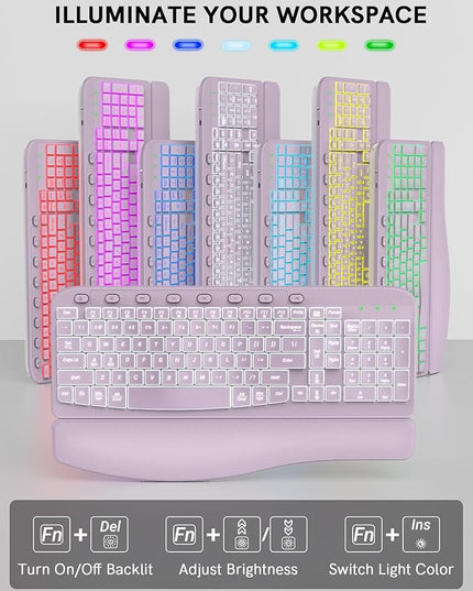 SABLUTE Ergonomic Wireless Keyboard and Mouse Combo - Wave Keyboard with Soft Leather Wrist Rest, Resistant Keys, RGB Backlit Rechargeable Set for PC/Mac/Chromebook (Lavender Purple)
