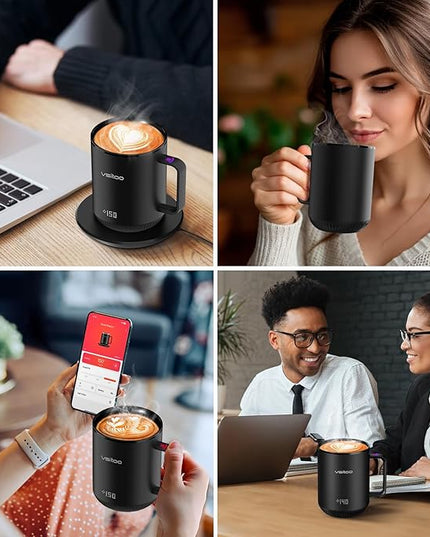 Vsitoo S3 12oz Heated Mug - Temperature Control Smart Mug with Mug Warmer, Perfect for Espresso, Auto-Sensing AI Heats Drinks to 120-150°F Hands-Free.Ideal for Home/Office/Gifts，Black