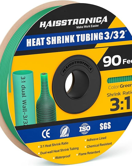 haisstronica 3:1 Heat Shrink Tubing, Shrink Ratio Adhesive Lined Marine Grade Heat Shrink Tube for Home, Automotive and Industrial (Green) 90FT 3/32inch
