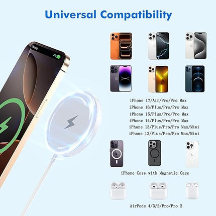 Magnetic Wireless Charger,[Apple MFi Certified]iPhone Charger Apple Mag-Safe Charger with 15W 3.3FT iPhone Fast Magnetic Charging Pad for iPhone 17 Pro Max/17 Air/16 Pro/16/15 Pro Max/14/13/12/AirPods