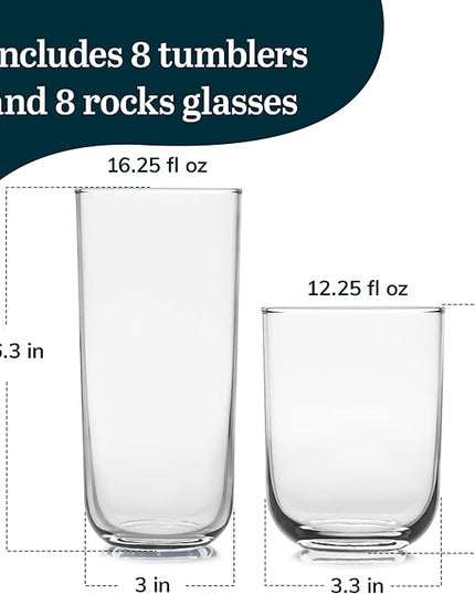 Libbey Polaris Tumbler and Rocks, Axis Glass Cups Set of 16, Elegant Mixed Drinking Glasses with Modern Clean Lines, Dishwasher Safe Glassware Set