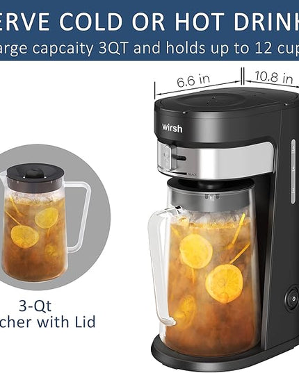 wirsh Iced Tea Maker with 3QT Pitcher, Iced Coffee Maker with Strength Control and Reusable Filter, Perfect For Iced Coffee, Latte, Tea, Lemonade, Flavored Water, Black
