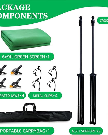2-in-1 Green Backdrop Stand Kit - 6x9 ft Green Backdrop with 6.5x6.5ft Portable Photography Stand for Video Streaming,Zoom Meetings,Parties,Anti-Wrinkle Polyester Fabric