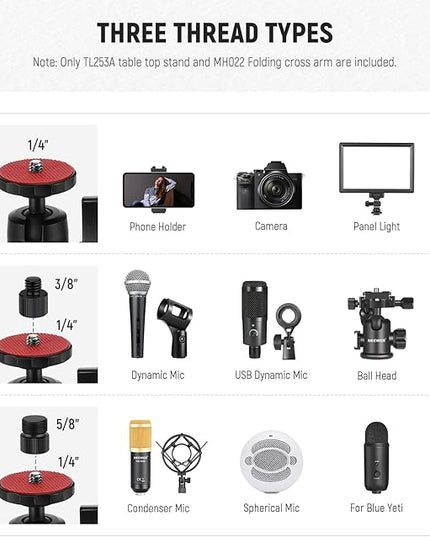 NEEWER Upgraded Overhead Camera Rig with Trifold Camera Boom Arm (Max Load 2lb), 47"/1.2m Telescopic Desk Mount Stand (Max Load 8.8lb) with Phone Clamp Ball Head for LED Light Webcam Mic, TL253A+MH022