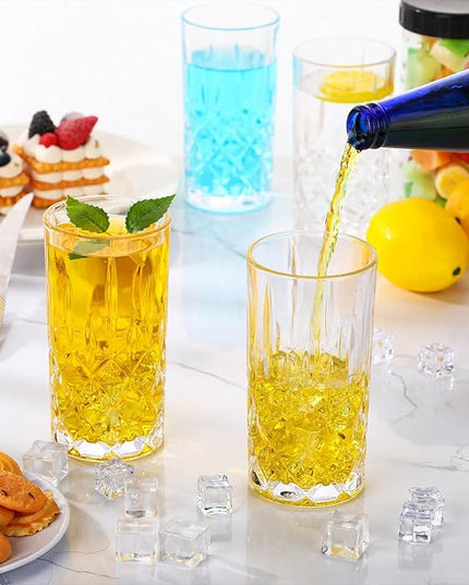 Uiifan Set of 12 Tall Highball Glasses 12 oz Crystal Drinking Glasses Clear Fancy Cups Vintage Textured Designer Glassware for Cocktail Tea Water Beer Soda Beverages, Dishwasher Safe (Classic Style)