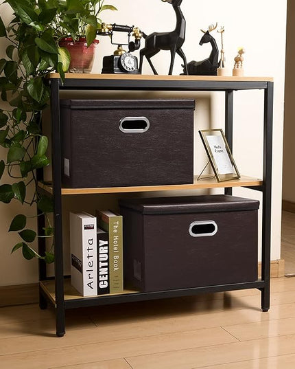 PRANDOM Large Stackable Storage Boxes with Lids [5-Pack] Leather Fabric Foldable Storage Bins Organizer Containers Baskets Cubes with Cover for Bedroom Closet Office Nursery Brown(17.7x11.8x11.8)