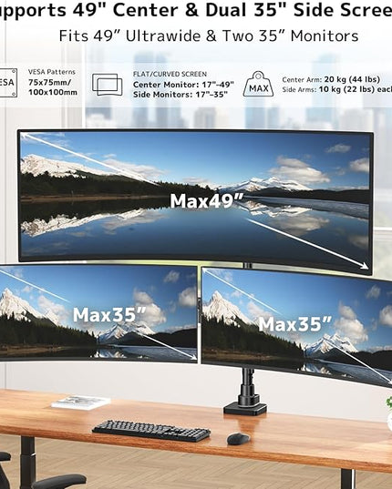 Triple Monitor Mount up to 49 inches, Fully Adjustable Heavy Duty 3 Monitor Arm with Gas Spring, Desk Mount for 3 Screens, C-Clamp & Grommet Base, Holds 44 lbs, Black
