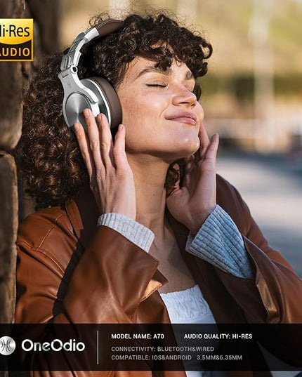 OneOdio A70 Bluetooth Over Ear Headphones, Wireless Headphones w/ 72H Playtime, Hi-Res, 3.5mm/6.35mm Wired Audio Jack for Studio Monitor & Mixing DJ E-Guitar AMP, Computer Laptop PC Tablet - Silver