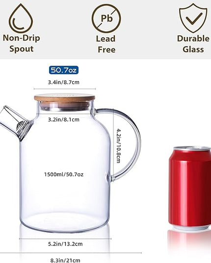 CnGlass Glass Teapot Stovetop Safe,50.7oz Clear Glass Pitcher with Removable Filter Spout for Loose Leaf and Blooming Teabag