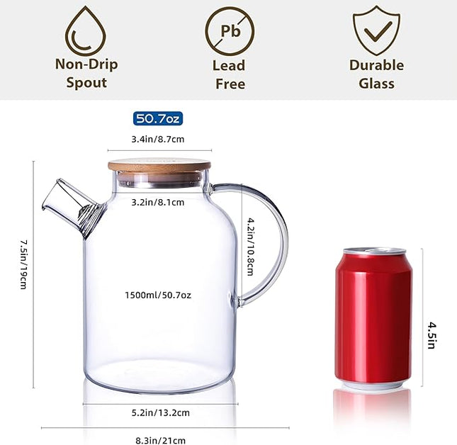 CnGlass Glass Teapot Stovetop Safe,50.7oz Clear Glass Pitcher with Removable Filter Spout for Loose Leaf and Blooming Teabag
