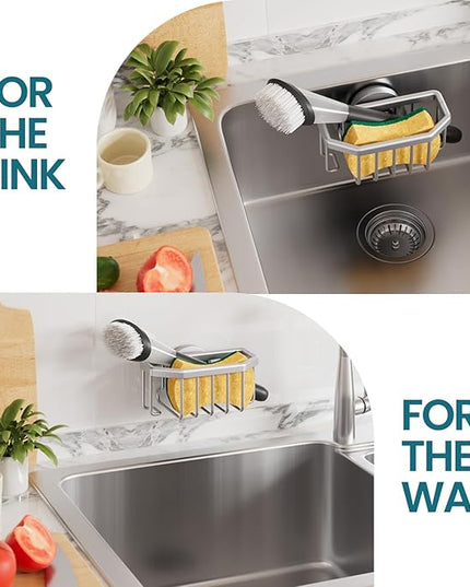 TAILI Sponge Holder for Kitchen Sink with Strong Suction Cup, Rustproof Aluminum Sink Caddy for Sponges, Brushes, Stoppers & Scrapers, Silver