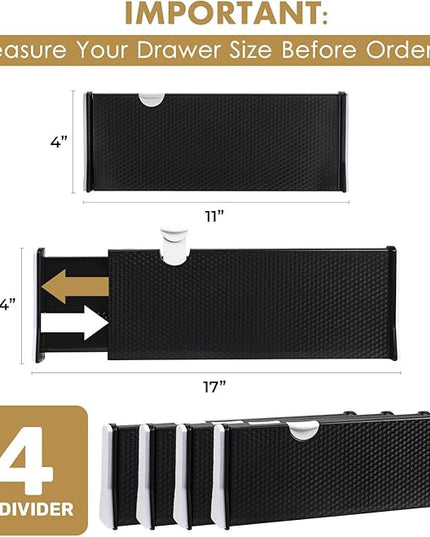 RAPTUROUS Adjustable Drawer Dividers 4 Pack, 4” High, 11-17” Long, Dresser Drawer Organizer for Bedroom, Closet, Kitchen, Nursery, Office, Strong Hold, Soft Foam Edges, Black