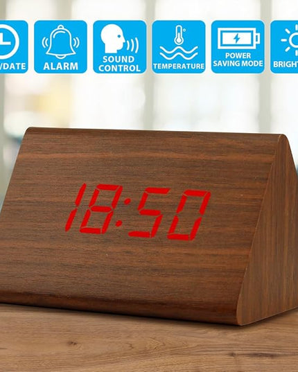 OCT17 Wooden Wood Clock, New Version LED Alarm Digital Desk Clock Adjustable Brightness, Alarm Time, Displays Time Date Temperature - Brown