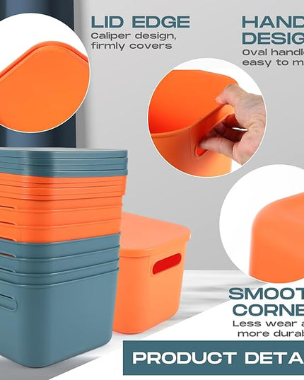 Hoolerry 8 Pieces Colorful Storage Bins with Lid, Plastic Storage Basket Organizing Container Stackable Box with Handle for Shelves Desktop Playroom Office(14.2 x 10.2 x 9.5 Inch,Blue and Orange)