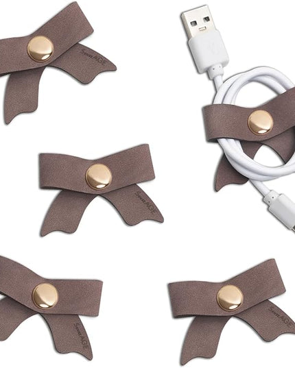 SenseAGE 5 Pack Cord Organizer, Bow Cord Keeper, Cable Organizer USB holder, Leather Cable Management, Cable Straps, Earphone winder, Storage Straps for Electronics, Earbuds (Choco Brown, Small)