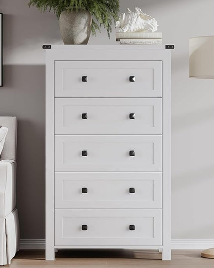 BORNOON Tall 5-Drawer Dresser, Modern Wooden Storage Chest of Drawers, Dresser TV Stand, Wood Drawer Organizer with Metal Handles for Bedroom, Living Room, Hallway