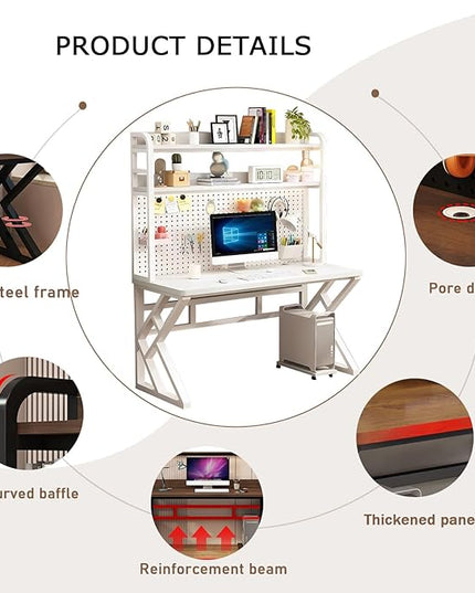 39.3in Gaming Desk with Bookshelf Combo, Computer Desk with Pegboard, Large Writing Table with Desktop Shelves, Ample Leg Room, for Home Office (White, 39.3in)