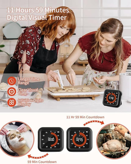 Digital Visual Timer - Large Display Magnetic Countdown Timer with Adjustable Volume and Brightness, 11H59M Memory Function for Kitchen, Classroom, Study Time Management, Seniors & Teachers