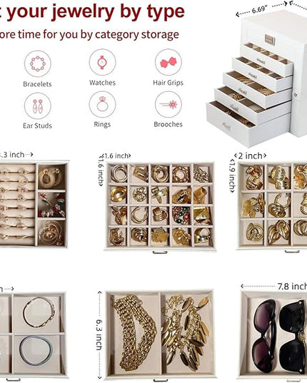 BOOVO Jewelry Box For women, 6 Layer Large Jewelry Organizer With Mirror, Multi-Function Storage Box With Lock, Necklace Holder With 5 Drawers, For Earrings Necklace Bracelet (Silver and White)