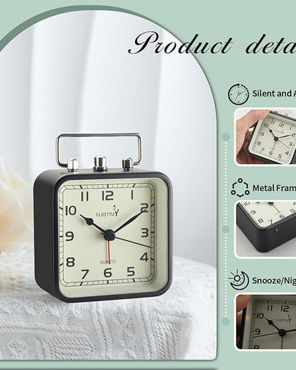 FLOITTUY Square Metal Beep Alarm Clock Silent No Ticking, Snooze and Battery Operated, Night Light and Desk Clock for Bedroom/Travel/Kids, Easy Set(Black)