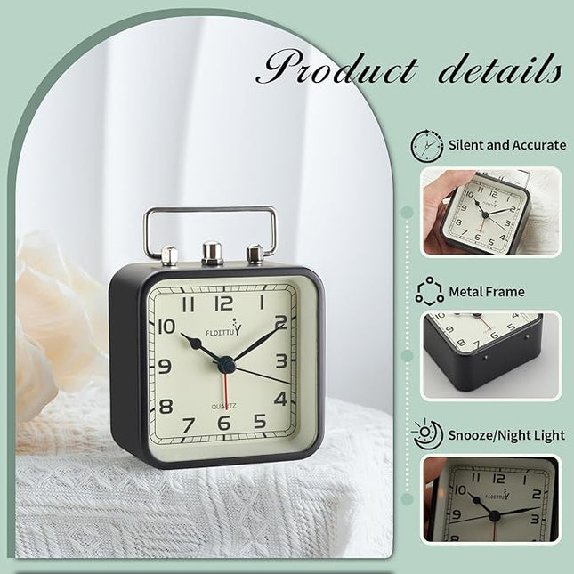 FLOITTUY Square Metal Beep Alarm Clock Silent No Ticking, Snooze and Battery Operated, Night Light and Desk Clock for Bedroom/Travel/Kids, Easy Set(Black)